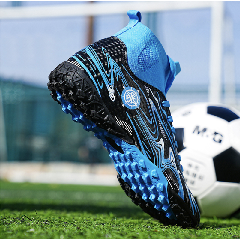 OnyxTrek Kids High Top Turf Soccer Shoes TF - 4 Little Kid Blue, Lightweight Cleats