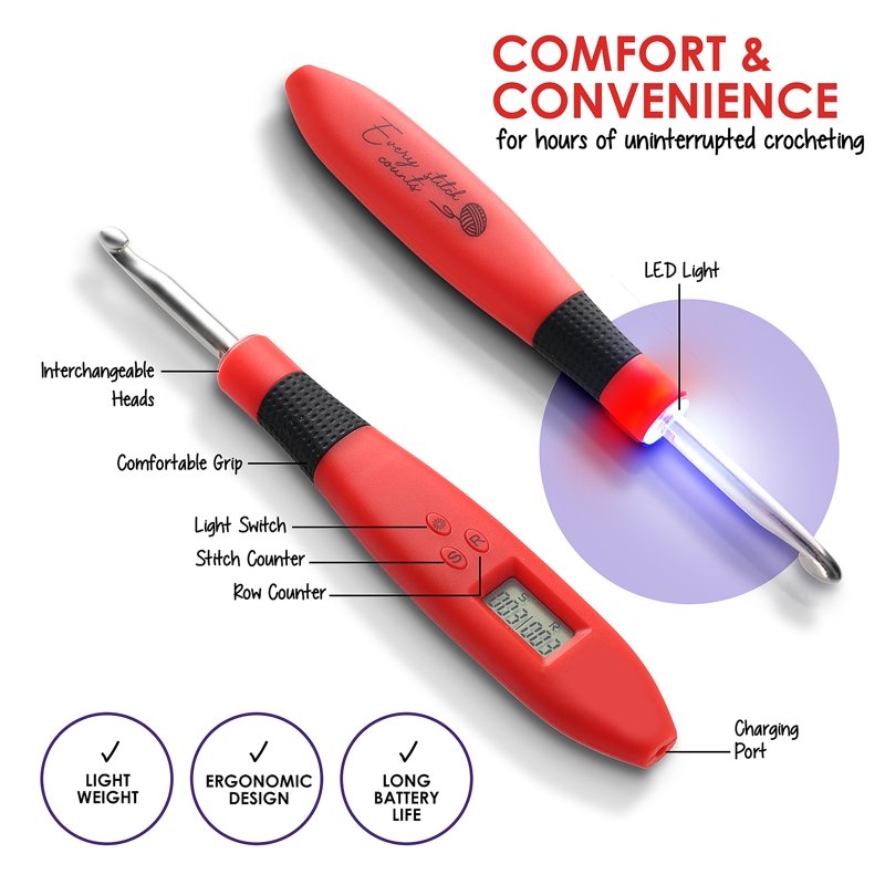 Digital Crochet Hook Set with Lighted Counters and Accessories - 23 Pieces