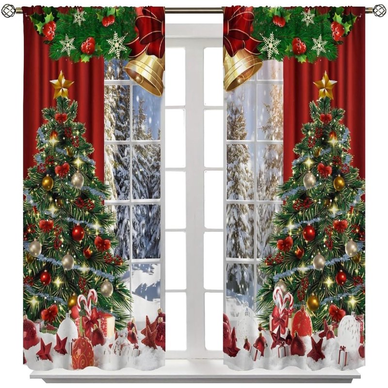 Christmas Window Curtains 2-Piece Set Holiday Decor for Living Room & Bedroom