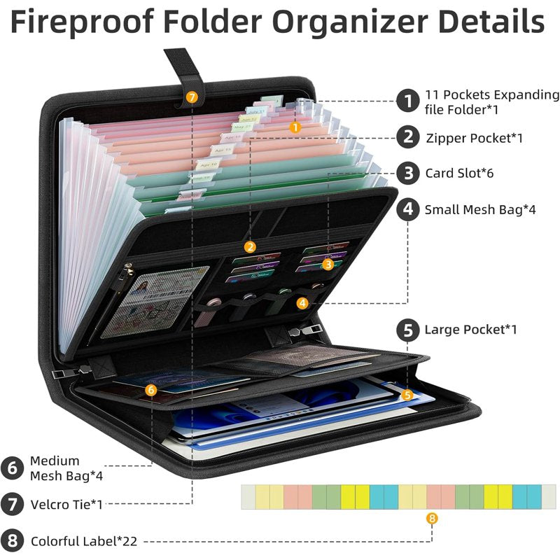 Fireproof Accordion File Organizer with Waterproof Zipper and Labels, 13 Pockets