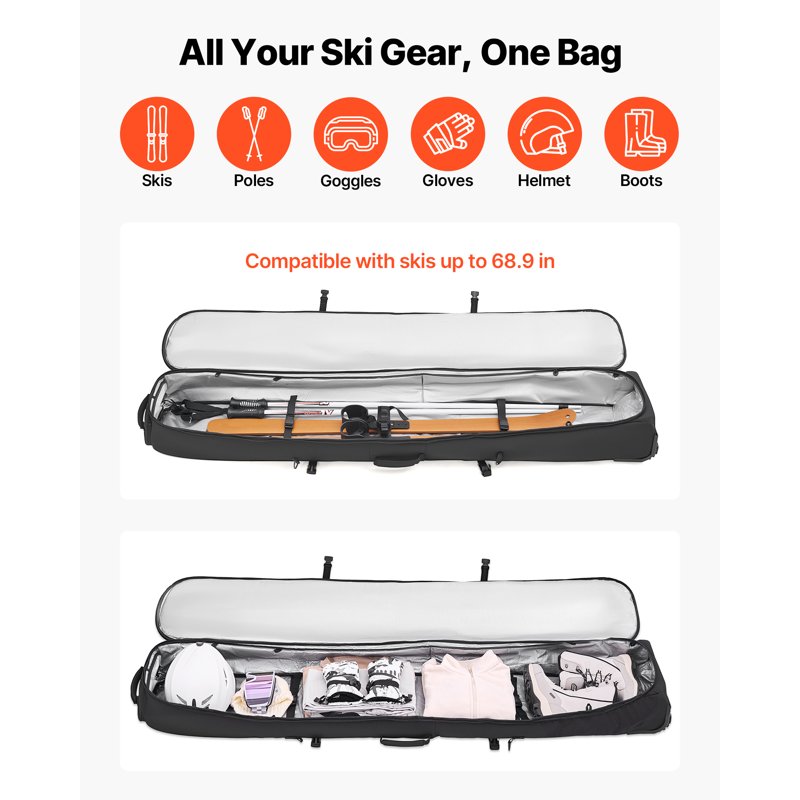 Large Waterproof Ski & Snowboard Bag with Wheels - Fits Up to 68.9 In/175 Cm
