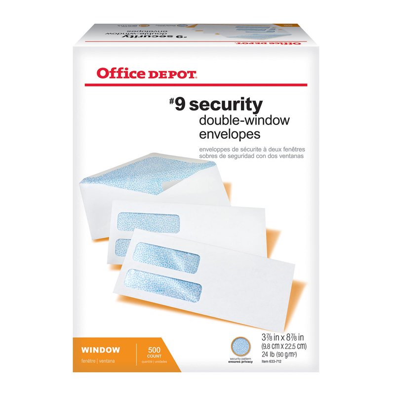 Office Depot Double-Window Envelopes #9, 3 7/8 x 8 7/8 In, White, Moisture Seal, Box of 500