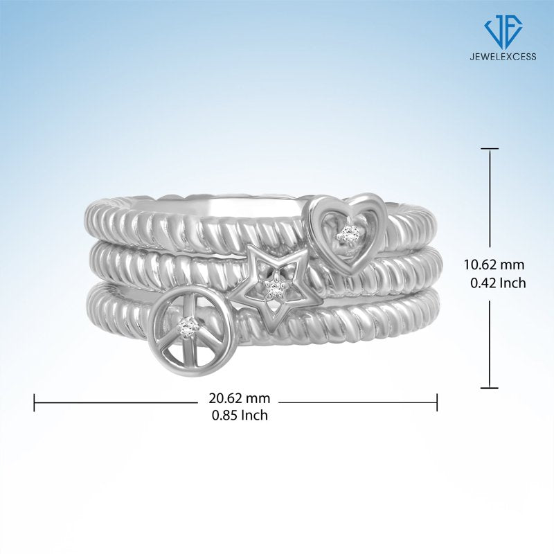 Stackable Diamond Rings for Women - 0.02 Carat White Diamond Jewelry - Heart, Star, Peace Sign Bands