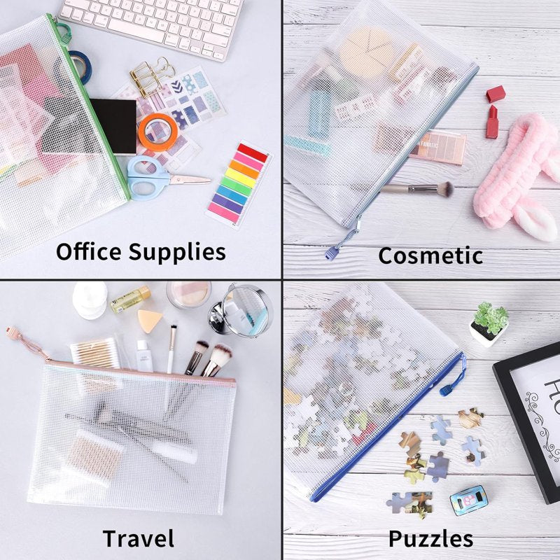 Mesh Zipper Pouch Bags Set - Waterproof A4 File Organizer for Travel School Office