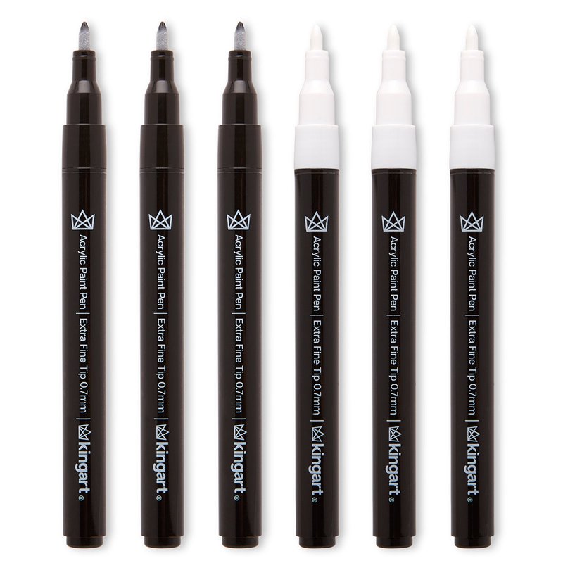 Extra Fine Point Acrylic Paint Markers Set of 6 – Black & White Art Pens for Surfaces