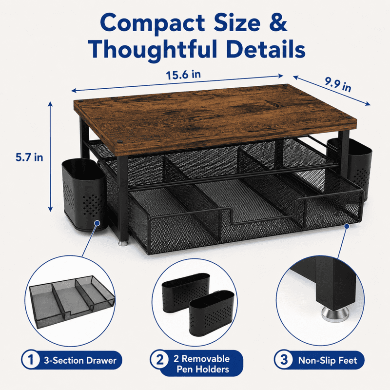 Mehoom 3-Tier Monitor Stand Riser with Drawer, Brown, Desk Organizer for Office & Dorm