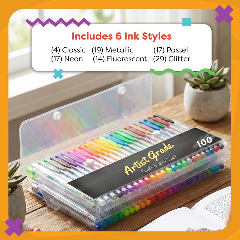 100-Pack Gel Pens Set for Coloring, Journaling & School Supplies