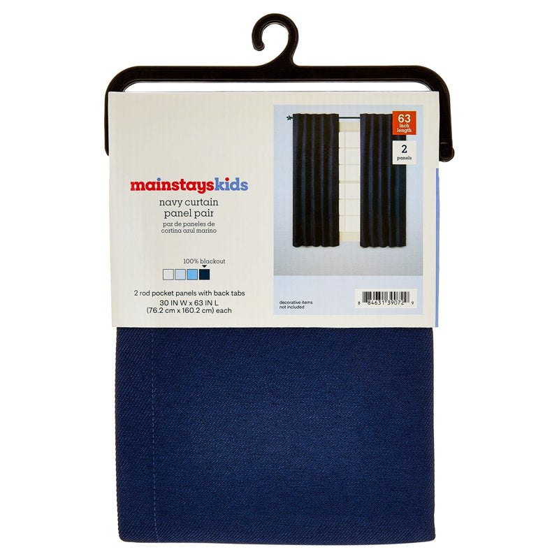 Kids Navy Blue Blackout Curtain Panel Set with Rod Pocket & Back Tabs, 30x63 Inches