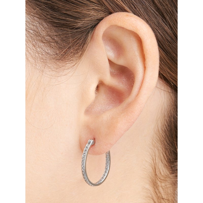 Silver Tone Hoop Earrings with Diamond Illusion Inside Out Accent - Gold & Silver Finish