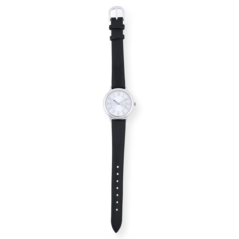 Women's Analog Quartz Wristwatch with Silver Case and Black Leather Strap