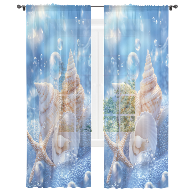 Starfish and Seashells Sheer Curtains 84 Inch Long 2 Panels Light Filtering Window Drapes