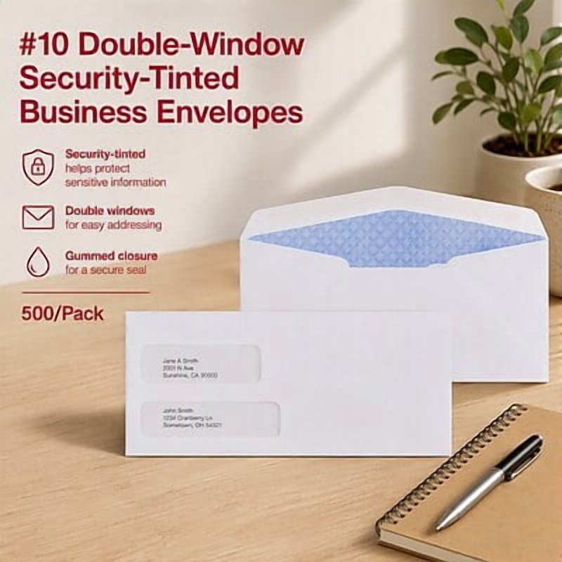 Business Envelopes #10 Double-Window Security-Tint White Gummed Closure Pack