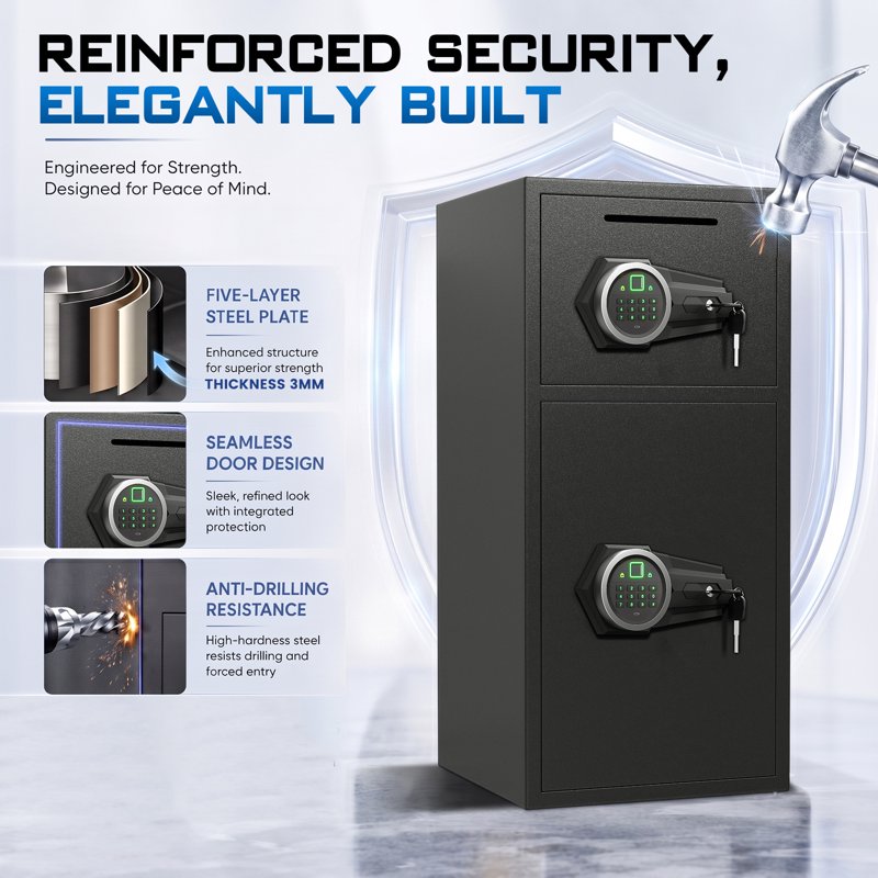 Large Digital Fireproof Waterproof Home Safe Box with Dual Alarm & Deposit Slot
