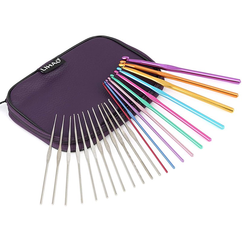 22-Piece Aluminum Crochet Hook Set with Colored & Silver Needles in Purple Case
