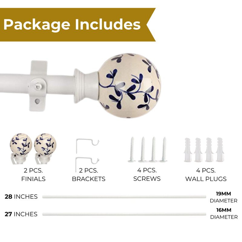 Heavy Duty Extendable Curtain Rod with Blue Floral Ceramic Finials - 28-48 Inch