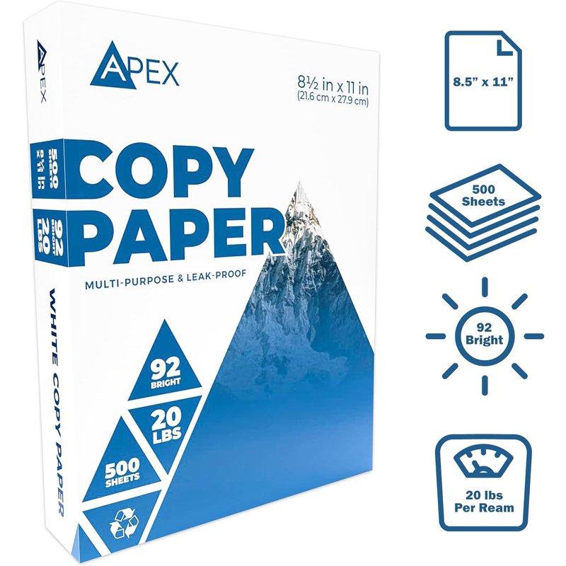 Apex White Copy Paper 8.5 x 11 Inches - Multipurpose Printer Paper, 10 Reams Case