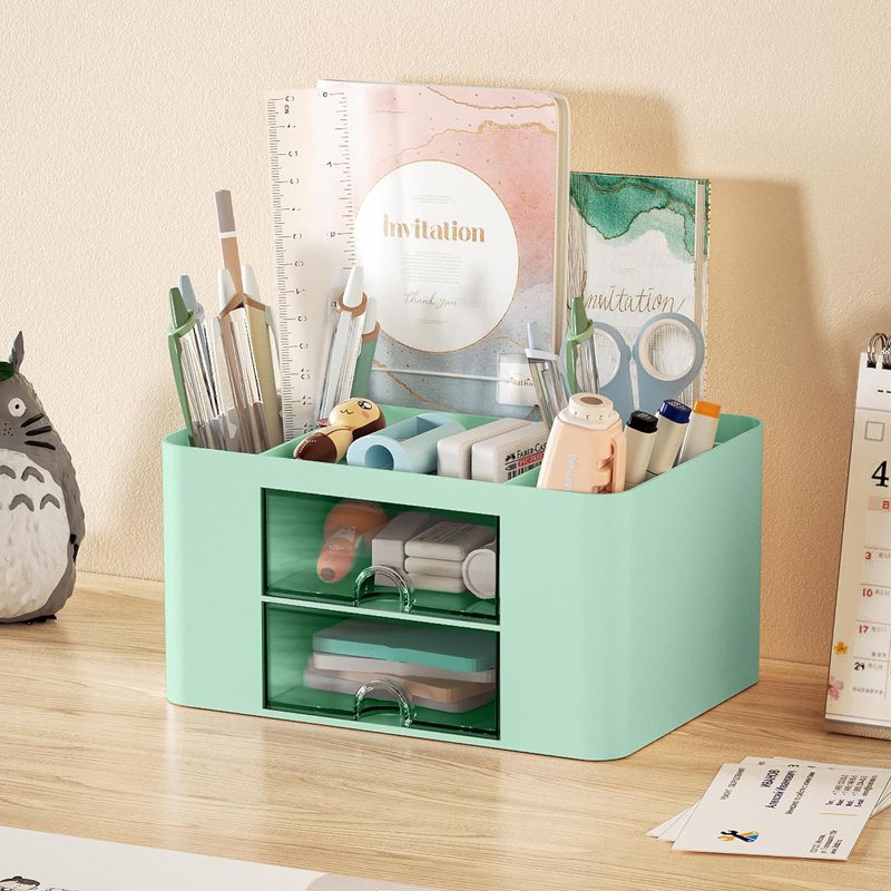 Multi-Functional Pen Organizer with 2 Drawers and Compartments for Desk Storage - Green