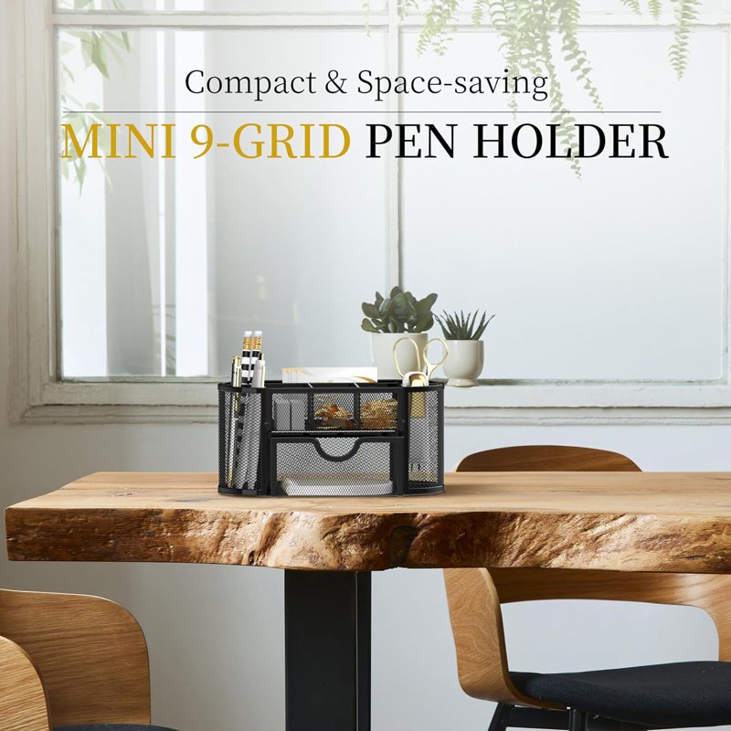 Small Mesh Desk Organizer with Drawers, 9 Compartments for Office and Makeup