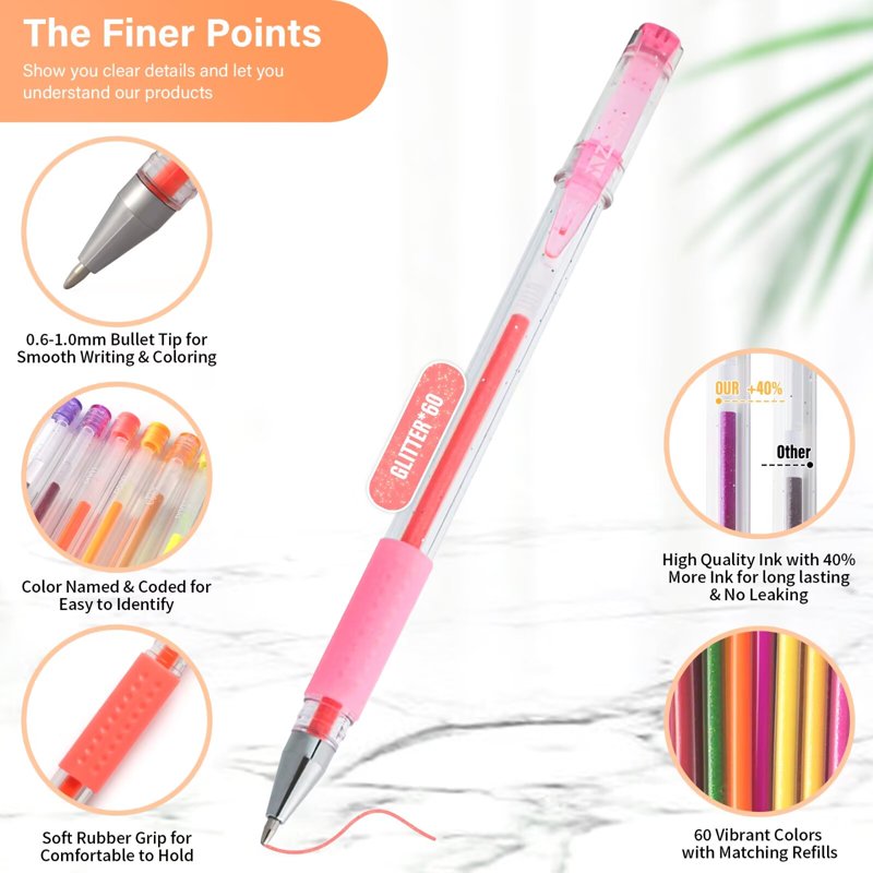 Gel Pens Set with 60 Colors & Refills for Art & Journaling – Smooth Fine Tip, Non-Toxic