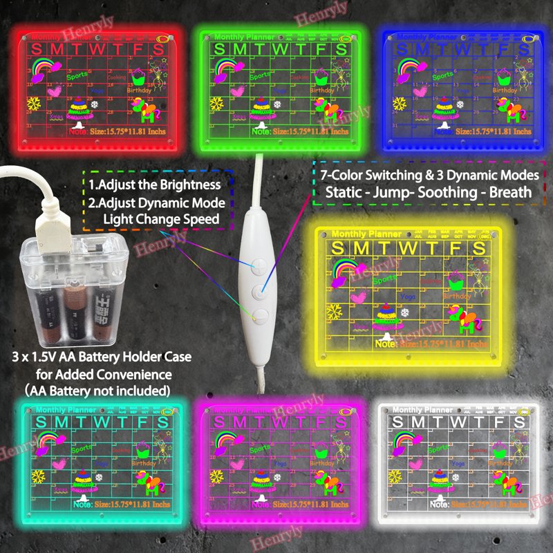 7 Colors Change LED Magnetic Acrylic Calendar - Fridge Organizer & Dry Erase Board