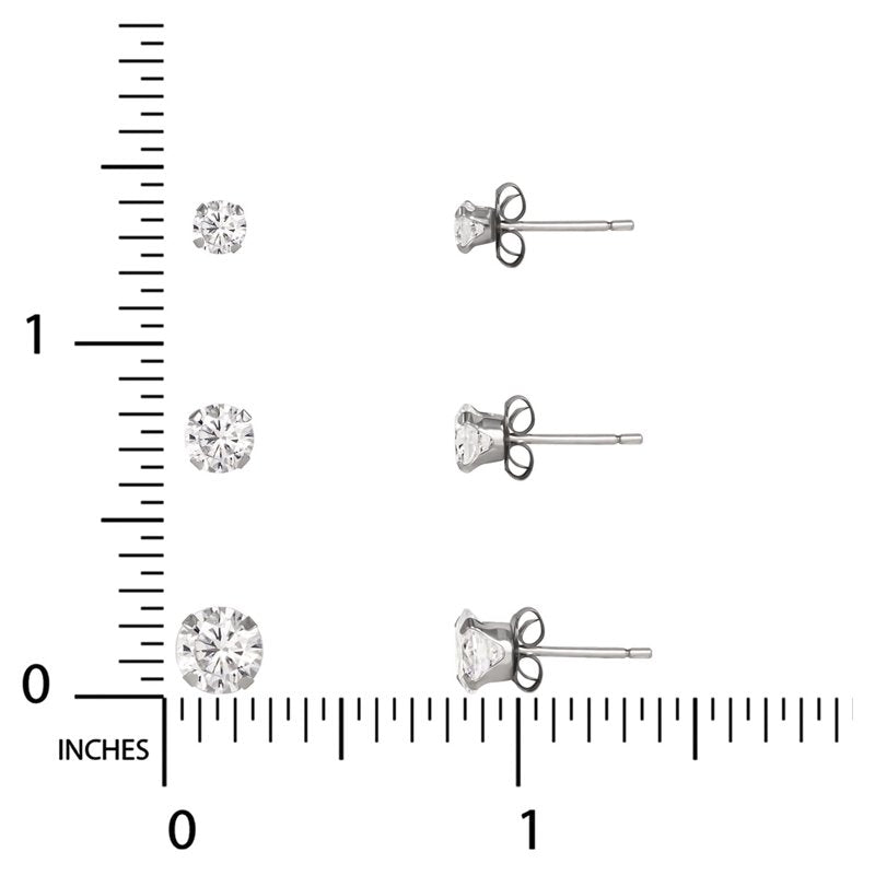 10K White Gold Cubic Zirconia Stud Earrings Set - 3/4/5mm