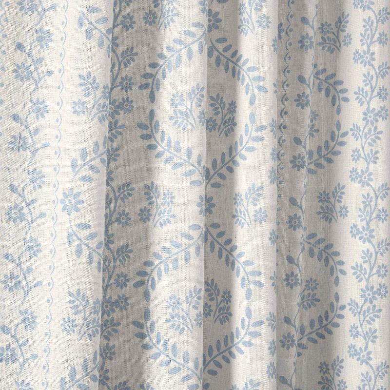 Delicate Floral Linen Blend Window Curtain Panels Pair - Neutral or Blue