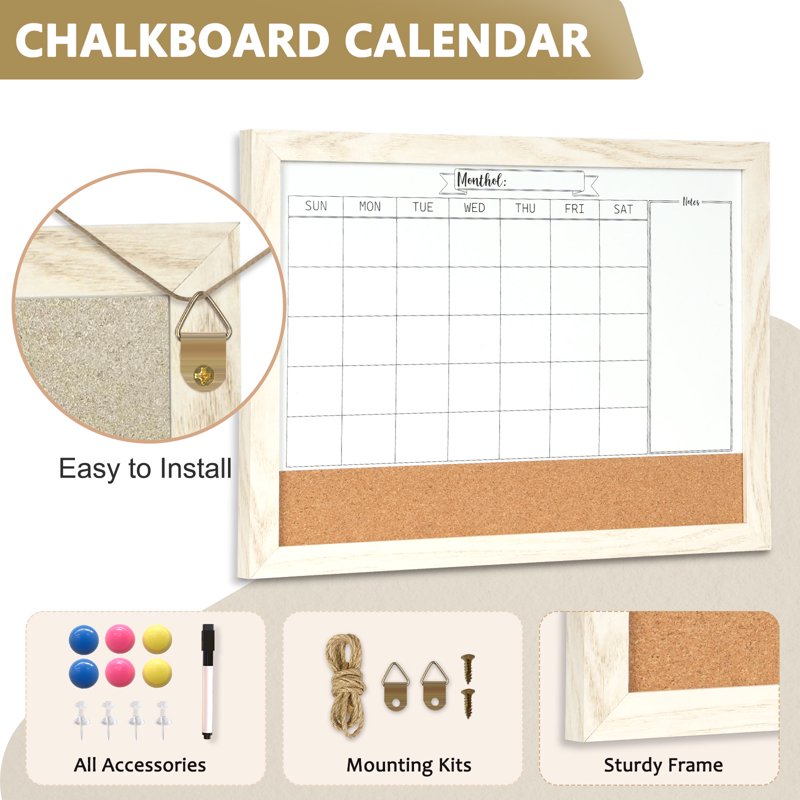 Monthly Whiteboard Calendar & Corkboard Wall Organizer 16x12 Magnetic Dry Erase