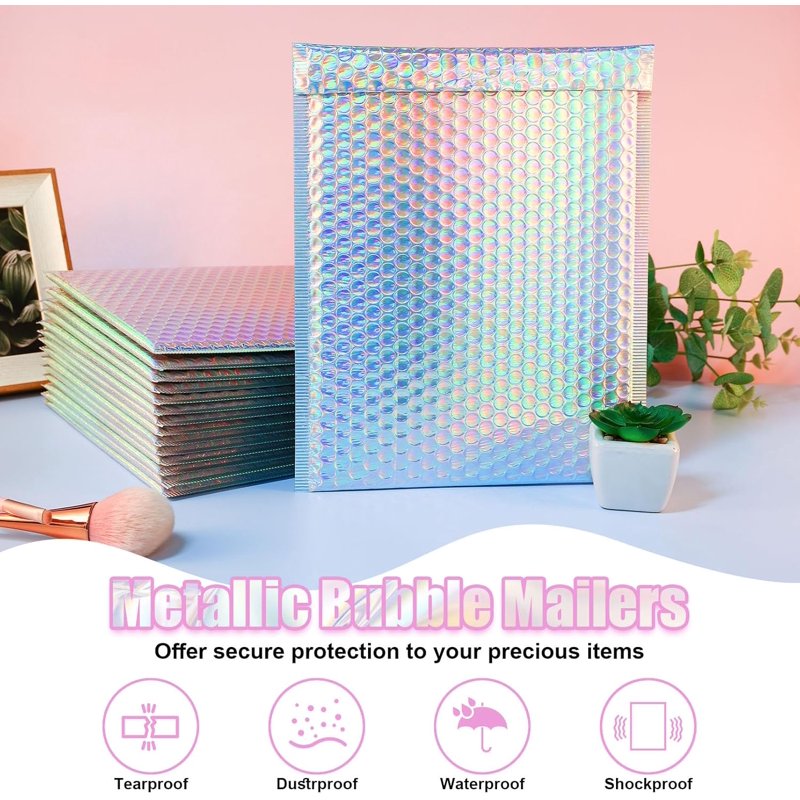 50 Pcs Metallic Bubble Mailers Waterproof Shipping Bags Self Seal Padded Envelopes