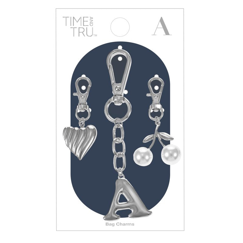 Initial Letter Bag Charm Set - Silvertone 3-Piece Bag Accessories