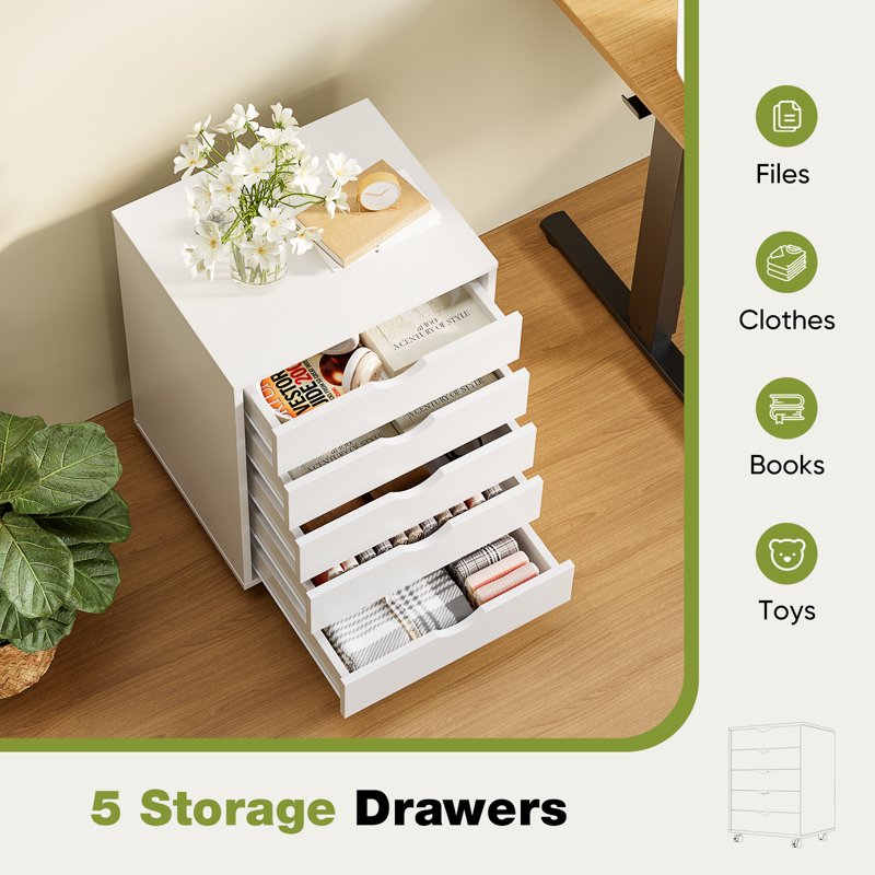 Wooden Tall Drawer Storage Chest with Wheels for Bedroom Office Home