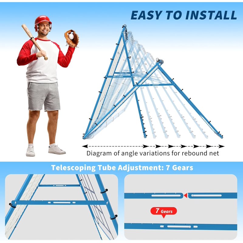 Baseball Rebounder Net with Batting Target, Adjustable Angle, 5x4 ft, Blue