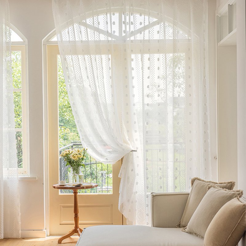 White Semi Sheer Curtain Panel Set - Boho Pompom Tufted Window Drapes for Bedroom & Nursery