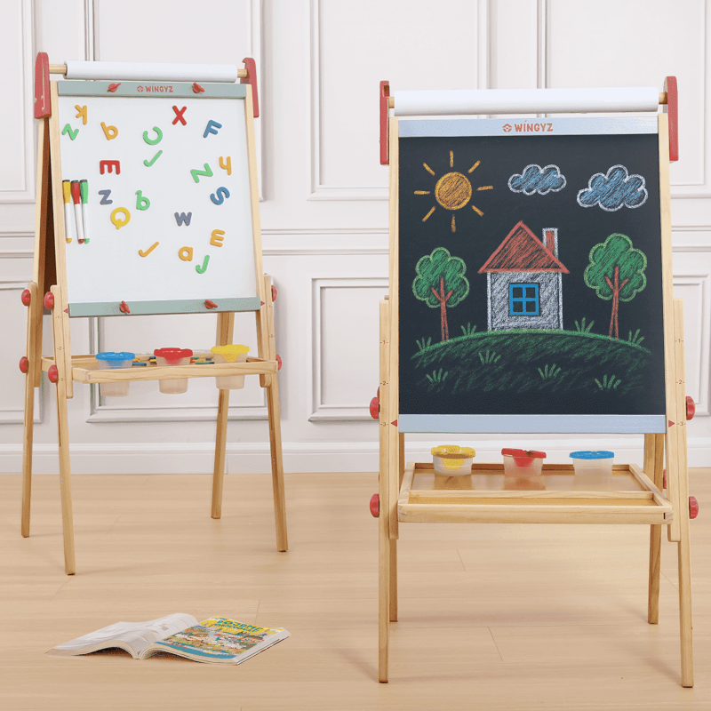Kids Wooden Art Easel with Paper Roll, Magnetic Whiteboard & Chalkboard, Adjustable for Ages 3-12