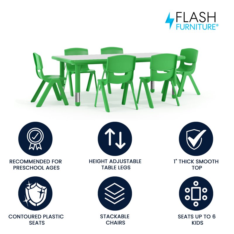 Kids Activity Table Set with 6 Chairs - Adjustable Classroom Furniture, Green