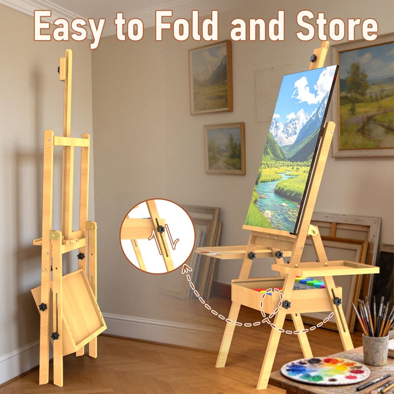 Wooden Art Easel for Painting with Adjustable Height and Storage Drawer - Natural Style