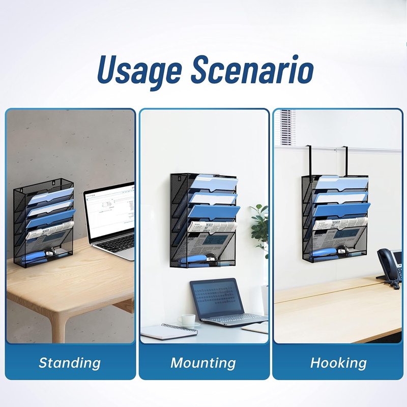 Metal Wall File Organizer 6-Tier Hanging Paper Storage with Hooks