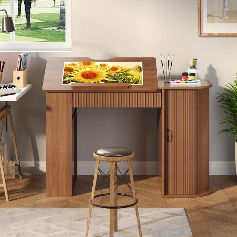 Wood Drafting Desk with Charging Station, Tiltable Surface & Storage