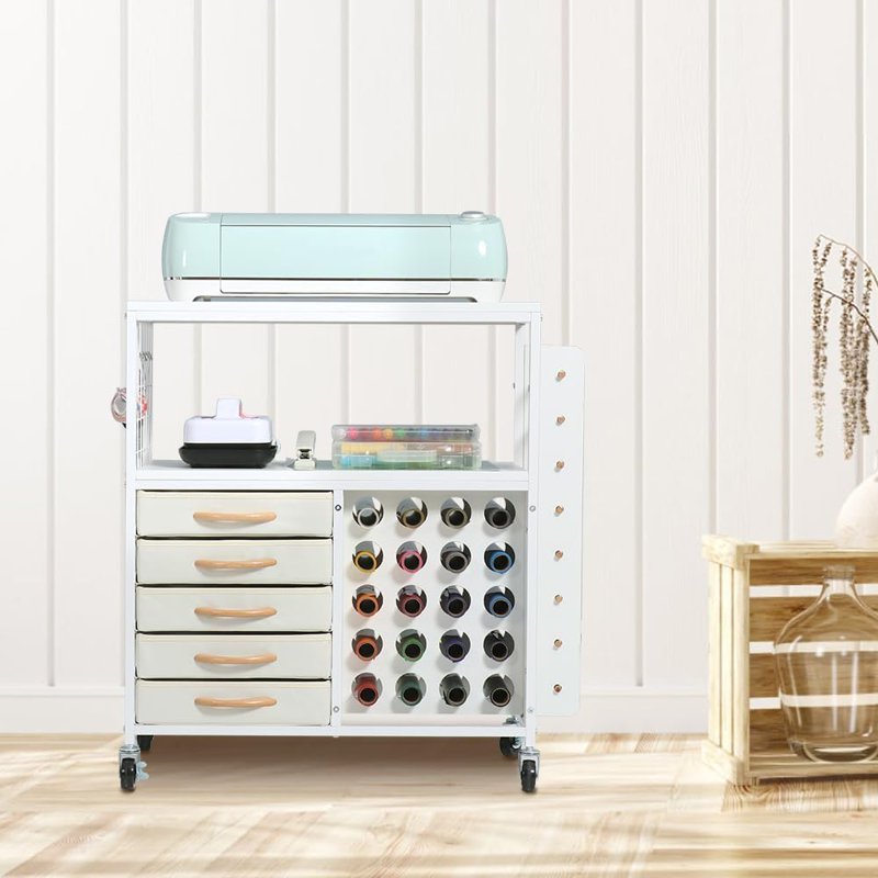 Craft Storage Cart with 28 Vinyl Roll Holders and 5 Drawers - Rolling Organizer for Cricut Machines