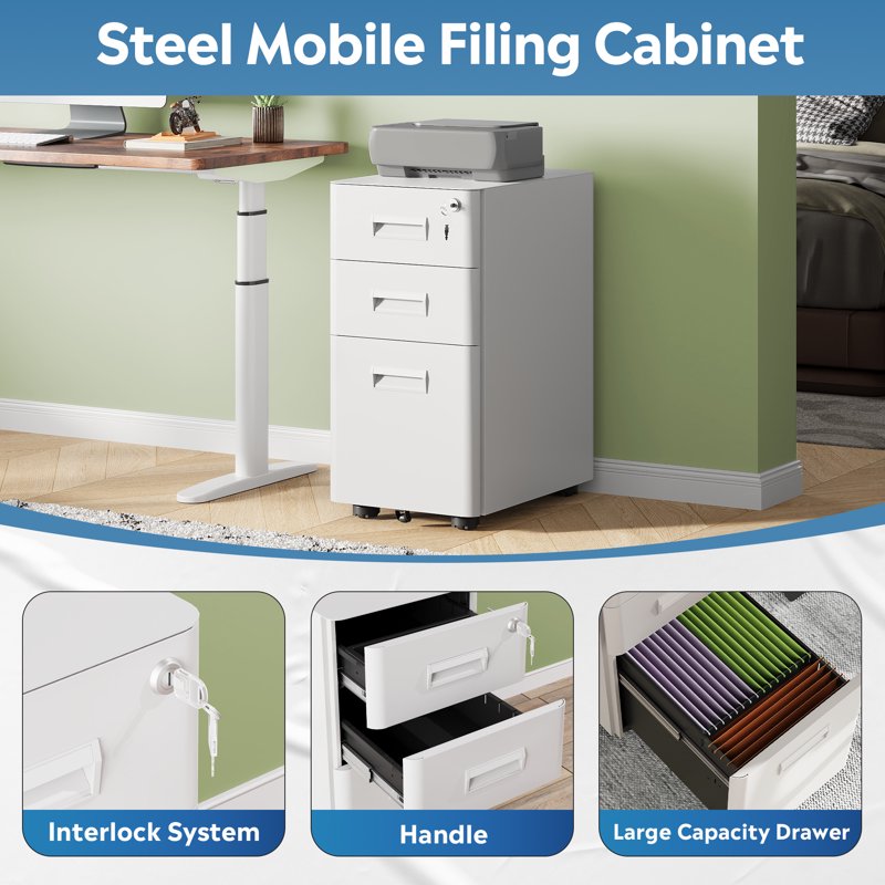 Metal File Cabinet with Lock & Mobile Wheels - 3 Drawer Office Storage