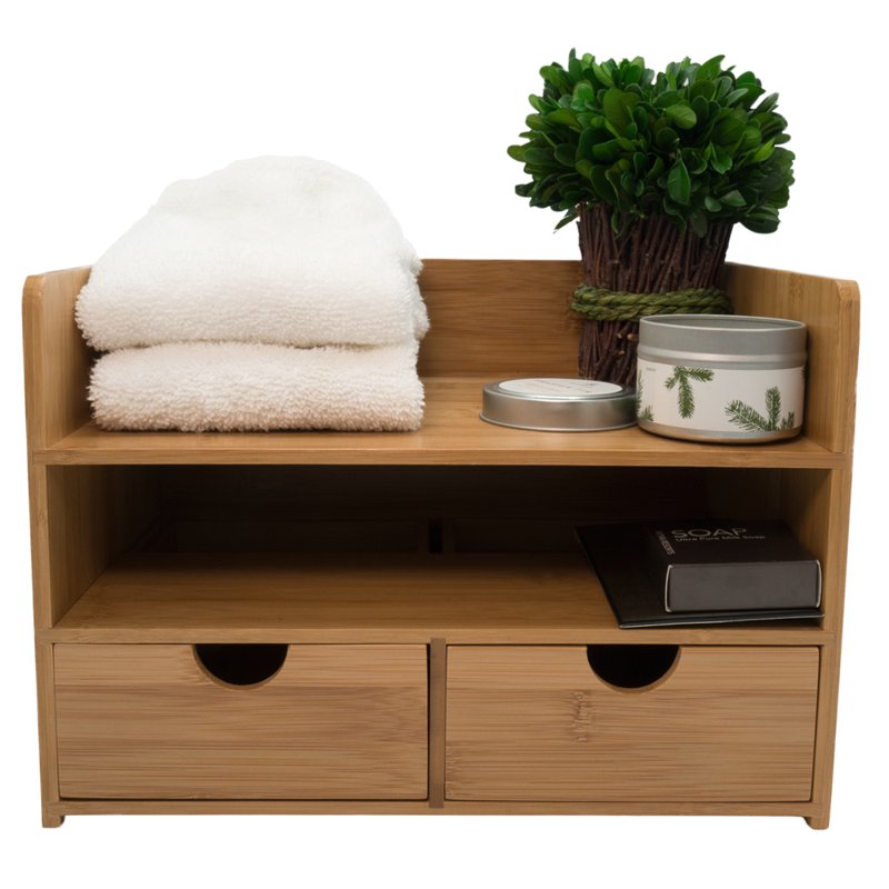 3-Tier Bamboo Desk Organizer with Drawers and Shelf for Office Supplies