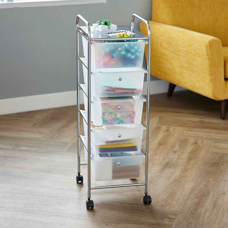 5 Drawer Clear Mobile Storage Cart - Locking Casters & Removable Drawers