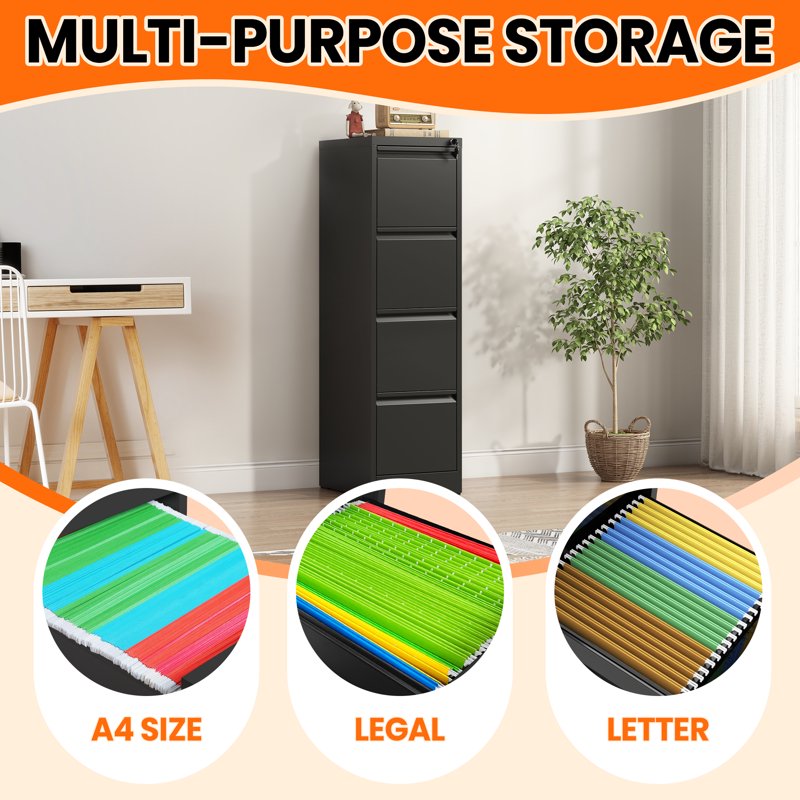 4-Drawer Locking Metal File Cabinet for Office Storage - Black