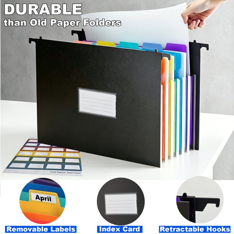 Heavy-Duty Plastic Hanging File Folders with Retractable Hook, Multi-Color Tabs, Letter Size, Large Capacity