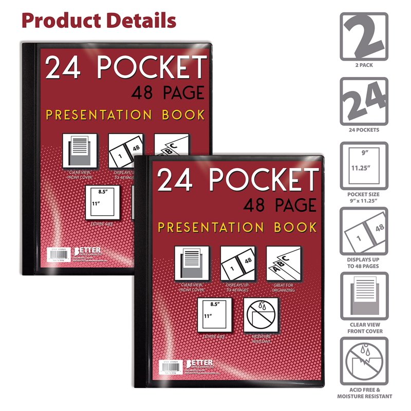 Black Presentation Book with 24 Pocket Pages, Clear Front Cover, 8.5x11 Inches, Durable Poly Cover, Pack of 2
