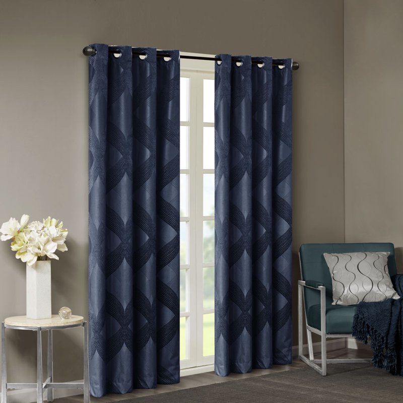 Blackout Curtain Panel Ogee Jacquard Total Blockout Window Covering - Navy