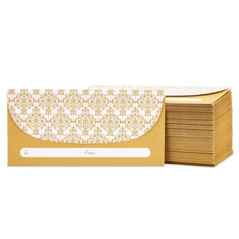 Gold Money Envelopes for Cash Gifts - 100 Pack with Secure Adhesive Seal, Floral Design, 6.7 x 3.3 Inches