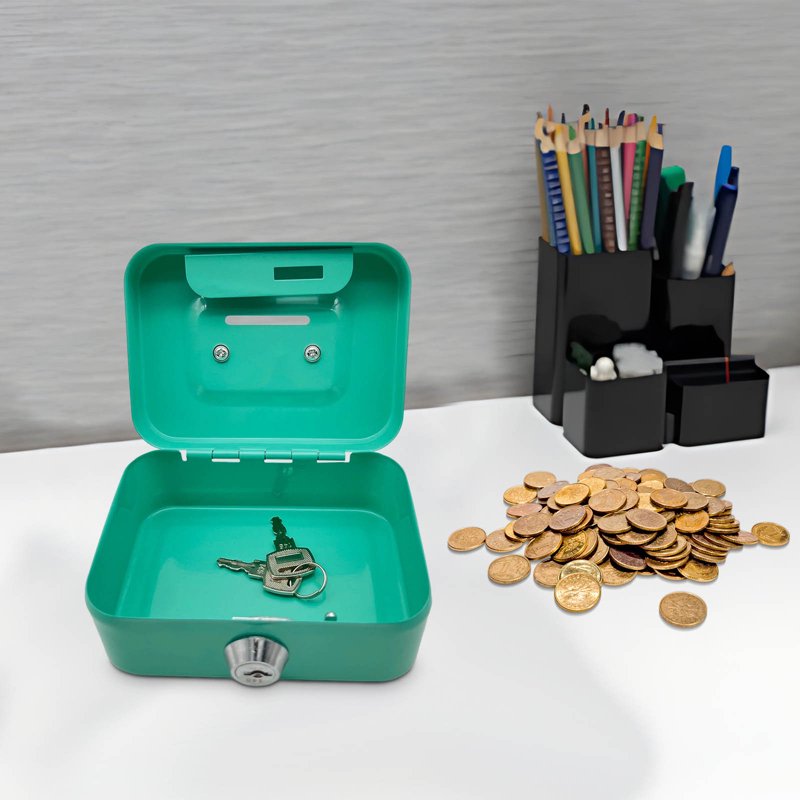 Mini Metal Cash Box with Lock and Handle - Coin & Money Organizer for Kids