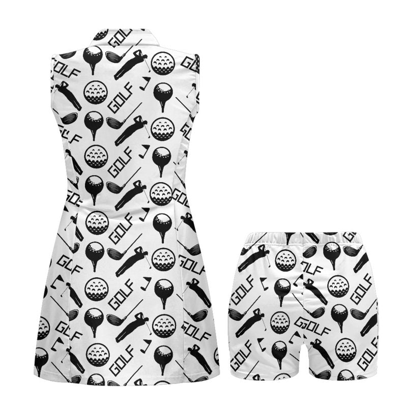 Golf Ball and Club White Print Woman’s Golf Dress Set - 2XL, Sleeveless V-Neck with Pockets