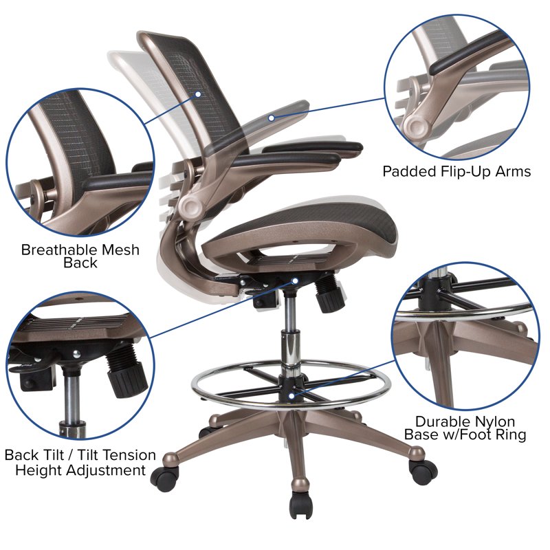 Mid-Back Mesh Drafting Chair with Adjustable Height and Lumbar Support