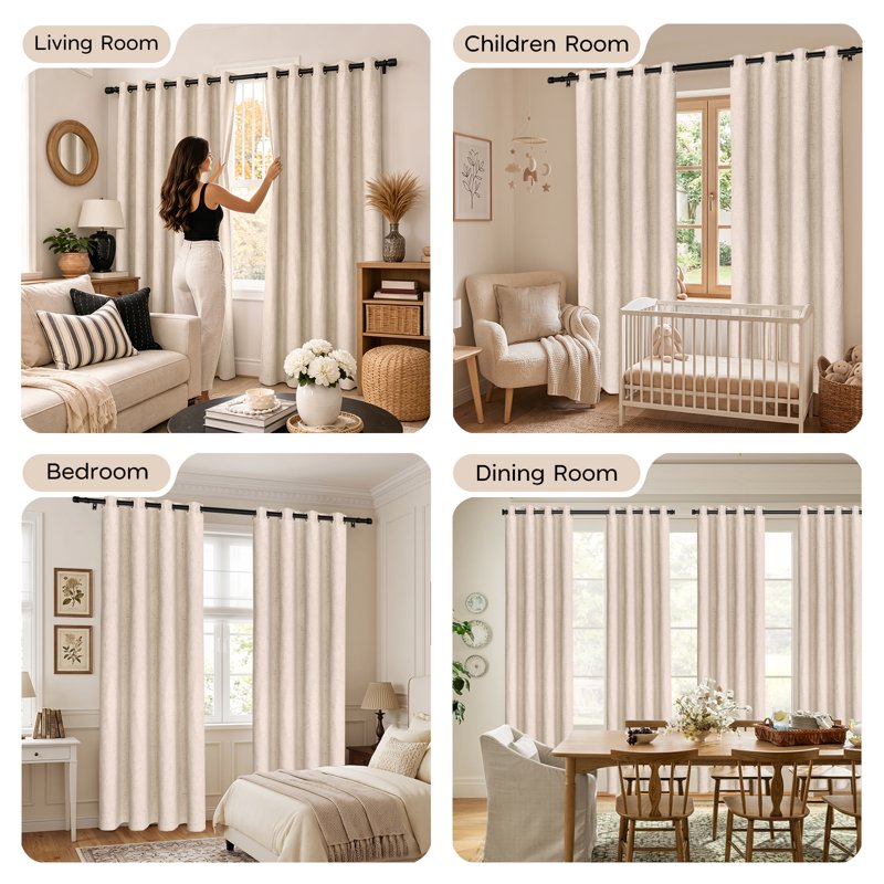 Blackout Linen Blend Grommet Curtains - Thermal Insulated Room Darkening Panels